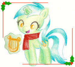 Size: 600x539 | Tagged: safe, artist:flutterluv, lyra heartstrings, g4, christmas, clothes, female, holly, lyre, magic, scarf, solo, traditional art