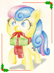 Size: 600x808 | Tagged: safe, artist:flutterluv, bon bon, sweetie drops, g4, christmas, female, holly, mouth hold, solo, traditional art