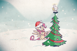 Size: 1500x1000 | Tagged: safe, artist:foxy-noxy, angel bunny, fluttershy, g4, christmas tree, clothes, hat, scarf, snow, snowfall, tree, winter