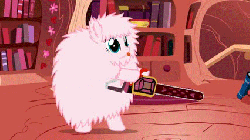 Size: 426x240 | Tagged: safe, artist:mixermike622, oc, oc only, oc:fluffle puff, pony, g4, animated, bipedal, chainsaw, exploitable, lollipop chainsaw, solo