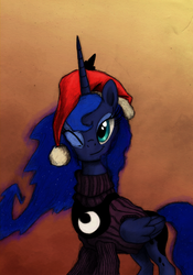 Size: 800x1140 | Tagged: safe, artist:hewison, princess luna, alicorn, pony, g4, christmas, clothes, cute, female, hat, holiday, lunabetes, mare, santa hat, solo, sweater, wink