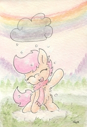 Size: 686x1004 | Tagged: safe, artist:slightlyshade, scootaloo, g4, clothes, cloud, female, scarf, snow, snowfall, solo, traditional art