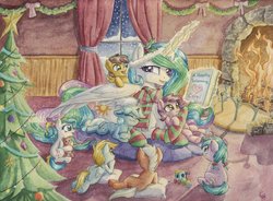 Size: 1024x752 | Tagged: safe, artist:the-wizard-of-art, princess celestia, oc, alicorn, earth pony, pegasus, pony, unicorn, g4, :3, a christmas carol, book, christmas, christmas tree, clothes, colt, cottagecore, cuddling, curtains, cute, cutelestia, daaaaaaaaaaaw, female, filly, fireplace, floppy ears, foal, hat, heart, hearth's warming, heartwarming, holiday, holly, hug, levitation, lidded eyes, magic, male, mare, missing accessory, momlestia, ocbetes, on side, on top, open mouth, open smile, orphanage, pillow, plushie, prone, santa hat, scarf, signature, sitting, smiling, snow, snowfall, socks, striped socks, sweet dreams fuel, teddy bear, telekinesis, traditional art, tree, underhoof, watercolor painting, window, wing fluff