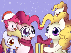 Size: 730x540 | Tagged: safe, artist:solar-slash, derpy hooves, pinkie pie, surprise, ask pinkie pie solutions, g1, g4, blob, bow, christmas, chubby, clothes, dreamy, glasses, hat, present, santa hat, scarf, self ponidox, snow, snowfall, younger