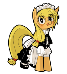 Size: 532x591 | Tagged: safe, artist:うめぐる, applejack, clothes, cute, female, glasses, jackabetes, maid, maidjack, pixiv, simple background, solo, tongue out