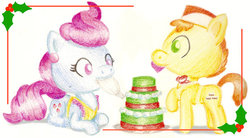 Size: 600x332 | Tagged: safe, artist:flutterluv, carrot cake, cup cake, g4, cake, christmas, holly, traditional art