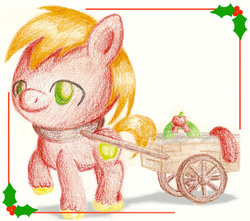 Size: 600x530 | Tagged: safe, artist:flutterluv, big macintosh, earth pony, pony, g4, cart, christmas, holly, male, solo, stallion, traditional art
