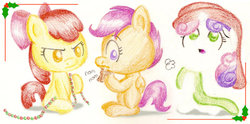 Size: 800x396 | Tagged: safe, artist:flutterluv, apple bloom, scootaloo, sweetie belle, g4, christmas, cutie mark crusaders, traditional art