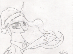 Size: 1791x1330 | Tagged: safe, artist:iflysna94, princess luna, g4, female, grayscale, hat, monochrome, santa hat, simple background, solo