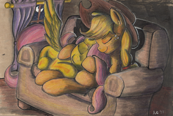 Size: 820x550 | Tagged: safe, artist:kittyhawk-contrail, applejack, fluttershy, g4, couch, cuddling, female, lesbian, ship:appleshy, shipping, snuggling