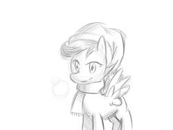 Size: 800x600 | Tagged: source needed, safe, artist:starykrow, scootaloo, pegasus, pony, g4, blank flank, clothes, female, filly, foal, grayscale, hat, monochrome, scarf, simple background, solo, spread wings, white background, wings