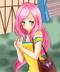 Size: 1280x1537 | Tagged: safe, artist:racoonsan, artist:vocalmaker, edit, fluttershy, human, g4, blushing, clothes, dress, female, humanized, light skin, solo