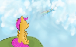 Size: 1280x800 | Tagged: safe, artist:darkestsunset, rainbow dash, scootaloo, g4, flying, observer