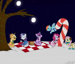 Size: 1500x1275 | Tagged: safe, artist:colinmlp, applejack, fluttershy, pinkie pie, rainbow dash, rarity, twilight sparkle, g4, basket, blanket, boots, candy, candy cane, christmas, christmas lights, clothes, cup, earmuffs, holiday, licking, magic, mane six, moon, night, scarf, snow, tongue out, tree, winter