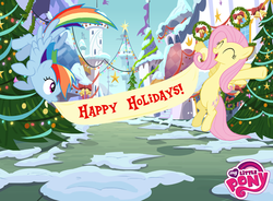 Size: 720x531 | Tagged: safe, fluttershy, rainbow dash, g4, official, banner, christmas, christmas lights, christmas tree, happy, happy holidays, hearth's warming eve, holiday, lights, logo, my little pony logo, snow, tree, winter