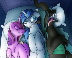 Size: 1832x1460 | Tagged: safe, artist:conicer, princess cadance, queen chrysalis, shining armor, alicorn, changeling, changeling queen, pony, unicorn, g4, :t, bed, bisexual, cuddling, cute, cutealis, cutedance, eyes closed, fanfic, fanfic art, fangs, female, floppy ears, frown, gritted teeth, lesbian, long tongue, male, mare, messy mane, on back, on side, open mouth, ot3, pillow, scared, sharp teeth, shining adorable, shining armor gets all the mares, ship:cadalis, ship:chrysarmordance, ship:shining chrysalis, shipping, shrunken pupils, sleeping, smiling, snoring, snuggling, stallion, straight, tongue out, trio, uvula, wide eyes, worried