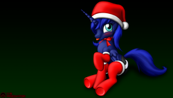 Size: 1920x1080 | Tagged: safe, artist:tsaritsaluna, princess luna, alicorn, pony, g4, :p, blushing, christmas, clothes, costume, cute, female, gradient background, hat, holiday, lunabetes, mare, neck bow, s1 luna, santa costume, sitting, socks, solo, tongue out