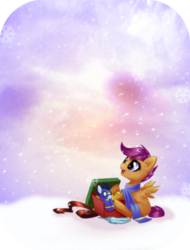 Size: 800x1050 | Tagged: safe, artist:rizcifra, scootaloo, soarin', pegasus, pony, g4, clothes, cute, cutealoo, feather, female, filly, plushie, present, scarf, snow, snowfall, solo