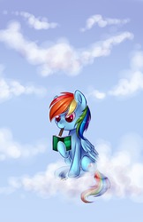 Size: 1242x1920 | Tagged: safe, artist:ghst-qn, artist:schasti, rainbow dash, pegasus, pony, g4, book, cloud, cloudy, colored pupils, diary, female, mouth hold, pencil, sky, solo, writing