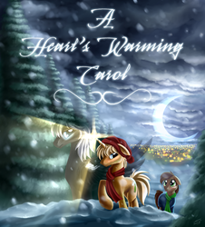 Size: 695x768 | Tagged: safe, artist:pyrestorm, oc, oc only, earth pony, pegasus, pony, unicorn, clothes, fanfic, fanfic art, fanfic cover, hat, moon, scarf, snow, snowfall