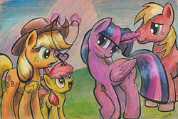 Size: 829x556 | Tagged: safe, artist:kittyhawk-contrail, apple bloom, applejack, big macintosh, twilight sparkle, alicorn, earth pony, pony, g4, apple siblings, female, lesbian, lesbian in front of boys, magic, male, mare, necklace, scrunchy face, ship:twijack, shipping, telekinesis, traditional art, twilight sparkle (alicorn)