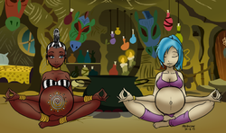 Size: 800x473 | Tagged: safe, artist:marrazan, artist:muh-arts, allie way, zecora, human, g4, bed, belly, cauldron, colored, dark skin, humanized, light skin, lotus position, meditating, pregnant, yoga, zecora's hut