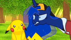 Size: 1000x563 | Tagged: safe, artist:2snacks, princess luna, alicorn, pikachu, pony, two best sisters play, g4, :c, crossover, ethan (pokemon), glare, gold (pokemon), gritted teeth, hat, matt (tbfp), muna, pokémon, pokémon snap, sad, two best friends play, wide eyes