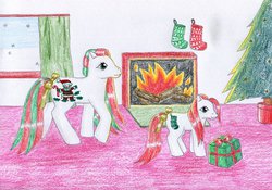 Size: 1024x715 | Tagged: safe, artist:normaleeinsane, baby stockings, merry treat, earth pony, pony, g1, bow, christmas, christmas stocking, christmas tree, curtains, duo, duo female, female, filly, fire, fireplace, foal, holiday, indoors, log, mare, present, tail, tail bow, traditional art, tree, window