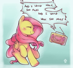 Size: 778x725 | Tagged: dead source, safe, artist:soulspade, fluttershy, g4, 500 miles, cute, dancing, eyes closed, female, happy, radio, solo, song reference, the proclaimers