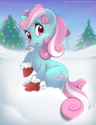 Size: 900x1165 | Tagged: safe, artist:nyaasu, minty, earth pony, pony, g3, g4, 2013, boots, candy cane, christmas, christmas tree, clothes, cute, female, g3 to g4, generation leap, mare, mouth hold, snow, socks, solo, tree