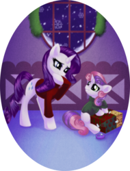 Size: 800x1050 | Tagged: dead source, safe, artist:rizcifra, rarity, sweetie belle, pony, unicorn, g4, clothes, duo, female, present, sisters, snow, snowfall, sweater