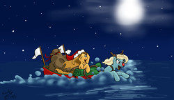 Size: 1352x782 | Tagged: safe, artist:kudalyn, oc, oc only, oc:kudalyn, hippocampus, merpony, aqua drop, bag, hat, night, ocean, reindeer antlers, sleigh, swimming, water