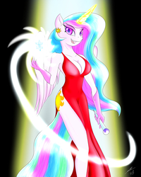 Size: 2000x2500 | Tagged: safe, artist:bludraconoid, princess celestia, anthro, g4, beautisexy, bedroom eyes, breasts, busty princess celestia, cleavage, clothes, dress, earring, eyeshadow, female, gloves, looking at you, magic, microphone, open mouth, piercing, red dress, sexy, side slit, smiling, solo, spotlight