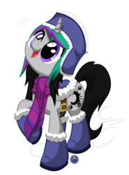 Size: 2493x3373 | Tagged: safe, artist:template93, oc, oc only, oc:wickedsilly, pony, unicorn, boots, clothes, happy, hat, high res, looking up, open mouth, present, raised hoof, saddle, scarf, smiling, snow, snowflake, solo, standing