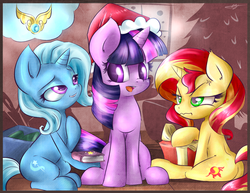 Size: 4850x3750 | Tagged: safe, artist:kyodashiro, sunset shimmer, trixie, twilight sparkle, alicorn, pony, unicorn, g4, absurd resolution, angry, atryl-ish, book, christmas, christmas tree, colored pupils, counterparts, cute, diatrixes, female, frown, glare, grin, hat, holiday, jealous, lesbian, magical trio, mare, open mouth, present, santa hat, shimmerbetes, ship:twixie, shipping, sitting, smiling, style emulation, tree, trio, twiabetes, twilight's counterparts