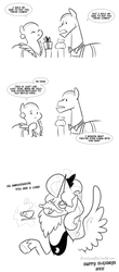 Size: 600x1362 | Tagged: safe, artist:egophiliac, carrot cake, cup cake, princess luna, slice of pony life, g4, bald, beard, comic, gift of the magi, monochrome, monocle, parody