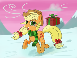 Size: 800x600 | Tagged: safe, artist:chaosmalefic, applejack, g4, clothes, female, present, scarf, snow, solo