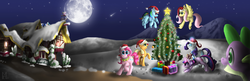 Size: 4000x1300 | Tagged: safe, artist:gonedreamer, applejack, fluttershy, pinkie pie, rainbow dash, rarity, spike, twilight sparkle, g4, christmas, christmas tree, hat, mane seven, mane six, moon, night, present, snow, tree, winter