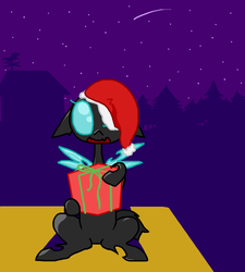 Size: 606x674 | Tagged: safe, artist:weaver, oc, oc only, oc:danganya, changeling, ask ice pack, changeling oc, christmas changeling, cute, hat, looking at you, open mouth, present, santa hat, sitting, smiling, solo