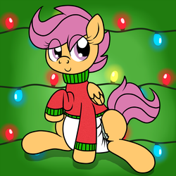 Size: 1200x1200 | Tagged: safe, artist:fillyscoots42, scootaloo, pegasus, pony, ask crinkleloo, g4, christmas, christmas eve, clothes, crinkleloo, cute, cutealoo, diaper, female, hearth's warming, hearth's warming eve, holiday, non-baby in diaper, poofy diaper, solo, sweater, winter, winter outfit