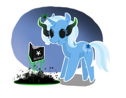 Size: 972x758 | Tagged: safe, artist:no-face181, trixie, pony, unicorn, g4, ash, black sclera, book, corrupted, female, magic, mare, pentagram, solo, sombra eyes