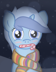 Size: 1000x1280 | Tagged: safe, artist:captainbritish, minuette, pony, unicorn, g4, candy cane, clothes, doctor who, female, fourth doctor, fourth doctor's scarf, mouth hold, scarf, snow, snowfall, solo, striped scarf