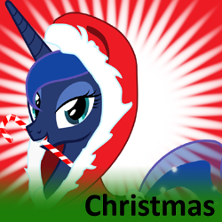 Size: 250x250 | Tagged: safe, artist:up1ter, princess luna, derpibooru, g4, candy cane, christmas, clothes, female, meta, mouth hold, official spoiler image, santa costume, solo, spoilered image joke