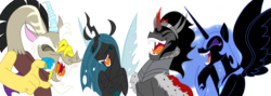 Size: 1200x427 | Tagged: safe, artist:mickeymonster, discord, king sombra, nightmare moon, queen chrysalis, alicorn, changeling, changeling queen, draconequus, pony, unicorn, g4, antagonist, eyes closed, fangs, female, laughing, male, mare, open mouth, simple background, stallion, tongue out, transparent background, villains of equestria
