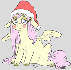 Size: 1280x1262 | Tagged: safe, artist:kyanchan, fluttershy, g4, blushing, female, hat, santa hat, solo, thick eyebrows