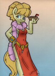Size: 744x1024 | Tagged: safe, artist:atryl, artist:muh-arts, aunt orange, earth pony, anthro, g4, clothes, dress, drink, female, gradient background, hand on hip, solo
