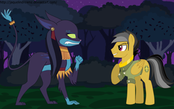 Size: 847x527 | Tagged: dead source, source needed, safe, artist:jaquelindreamz, ahuizotl, daring do, g4, ahuizota, dashing do, derring do, duo, rule 63