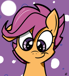Size: 2305x2536 | Tagged: safe, artist:anxet, scootaloo, pegasus, pony, g4, abstract background, bust, cute, cutealoo, female, filly, floppy ears, foal, one ear down, signature, smiling, solo