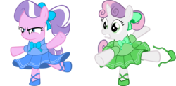 Size: 1500x735 | Tagged: safe, artist:magerblutooth, diamond tiara, sweetie belle, g4, ballet, clothes, cute, dancing, diamondbetes, dress, unamused