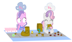 Size: 2393x1393 | Tagged: safe, artist:magerblutooth, diamond tiara, sweetie belle, earth pony, pony, unicorn, g4, chef's hat, chocolate, conveyor belt, duo, duo female, emergency edible boots, female, filly, foal, hat, simple background, transparent background